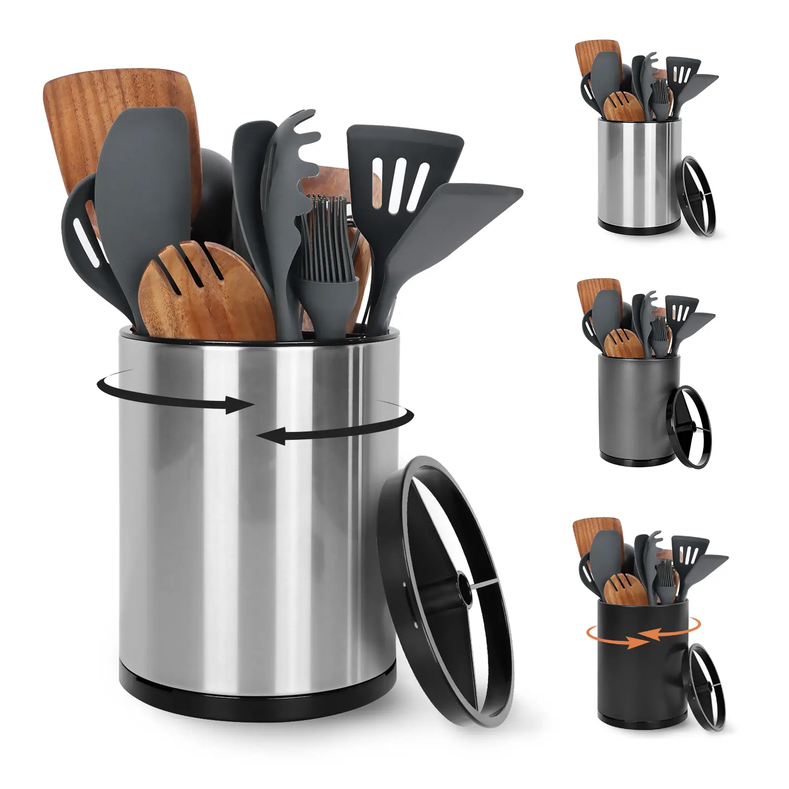 Sturdy 360° Rotating Stainless Steel Kitchen Utensil Holder with Cover - Extra Large 3-Compartment Countertop Storage for Cookware, Knives, Flatware, Cooking Caddy with Removable Base (Silvery), High Capacity