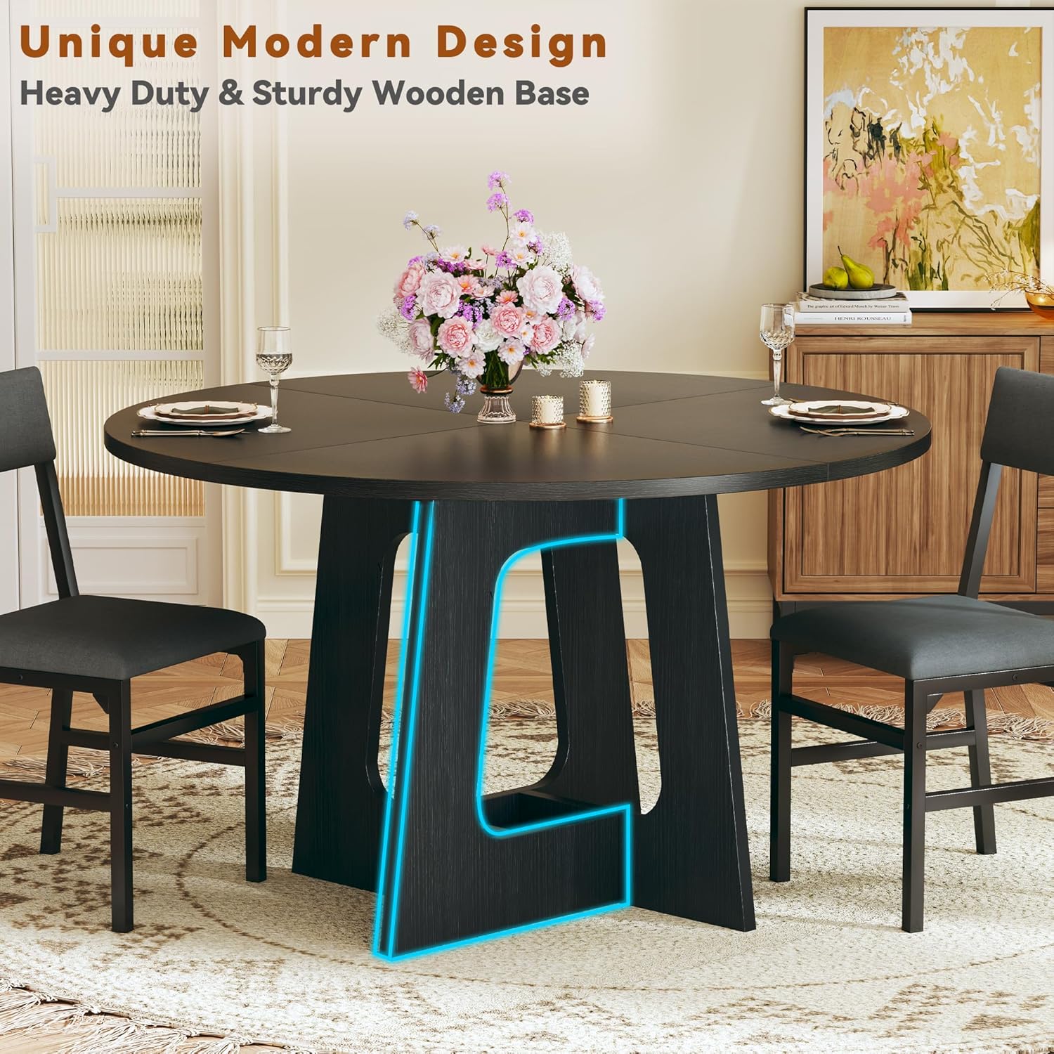 Round Dining Table Set for 6, 7-Piece Kitchen Table and Chairs for 6, 47'' Round Dining Room Table Set with 6 Chairs, Space Saving Dining Table with Wood Base for Kitchen, Living Room, Black