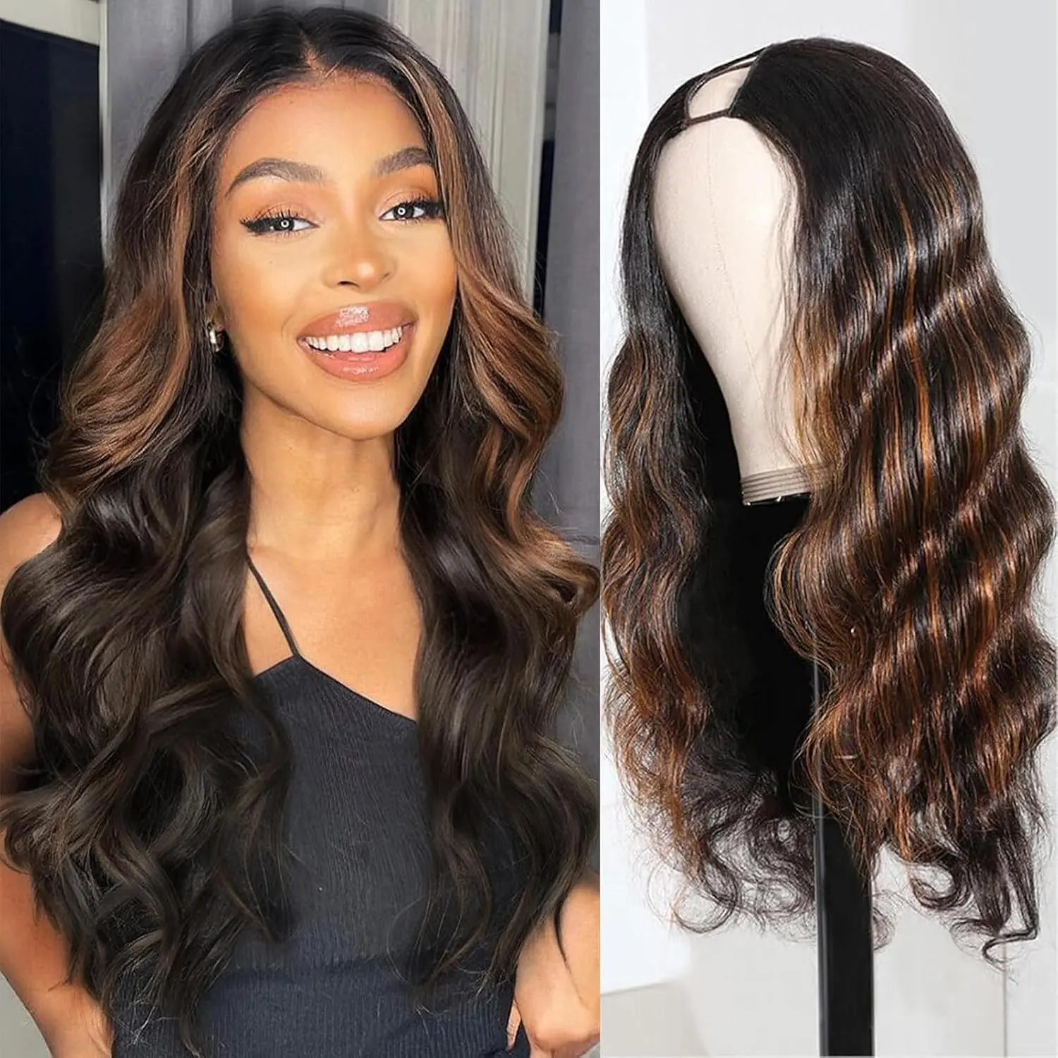 Highlights Brown V Part Wig Upgrade U Part Wigs Clip in Synthetic Hair Replacement Wig Long Curly Wavy V Part Half Wigs for Black Women