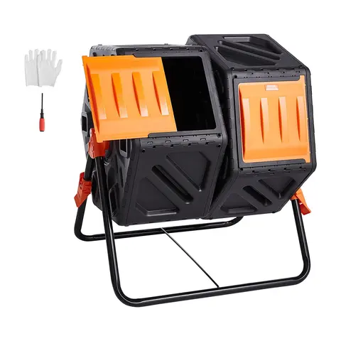 VEVOR 37 Gal-Dual Chamber Automatic Composting Tumbler, BPA-Free Steel Frame Composter with 2 Sliding Doors, Deep Internal Grooves, 360° Autonomously Rolling Mix, Oxygen Vents, Organic Matter Processing, Garden & Yard Use + Gloves, Screwdriver#SohoChic