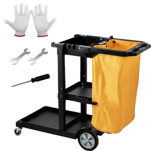VEVOR Cleaning Cart,  3-Shelf Commercial Janitorial Cart, 200 lbs Capacity Plastic Housekeeping Cart, with 25 Gallon PVC Bag, 47 x 20 x 38.6in, Yellow & Black