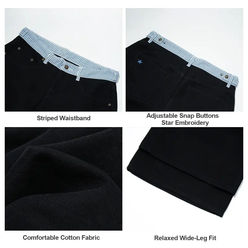 Pwest NYC Jodie Adjustable Low-Rise Loose-Barrel Leg Cotton Jeans - 2000s Y2K Minimalist Trendy Jeans, Adjustable Snap Buttons, Color-Blocked Waistband, Soft Daily Wear, Back to School