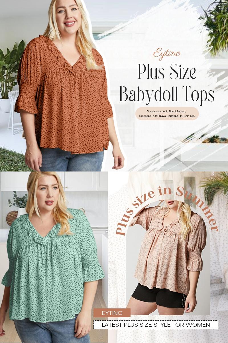 Eytino Womens Plus Size Floral Print Blouses V Neck Ruffle Flowy Short Sleeve Shirts Babydoll Casual Tunic Tops(1X-5X)