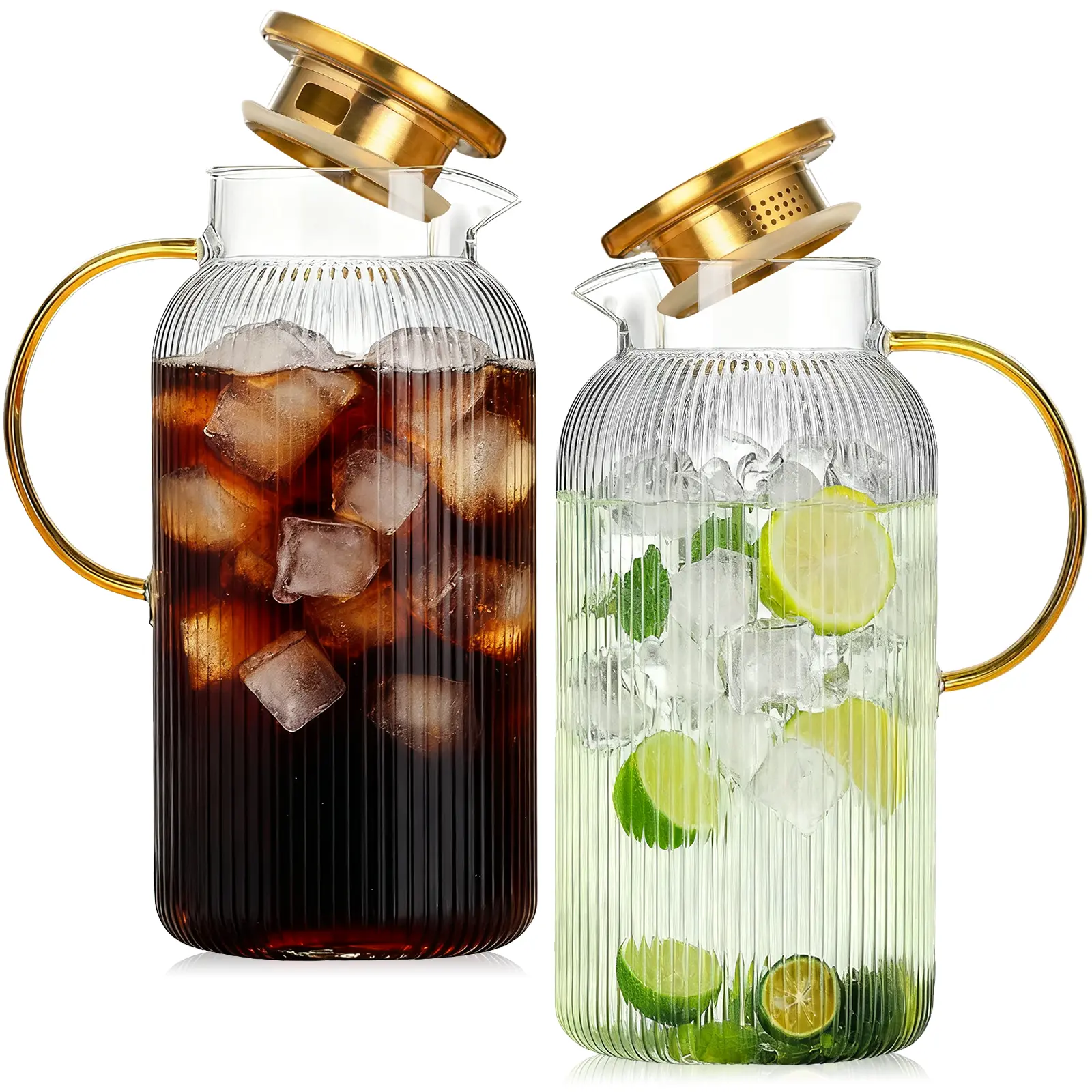 2-Piece Vintage Borosilicate Glass Jugs with Lids, 68 oz/2L Heatproof Beverage Pitchers, Iced Tea Pitcher Included, Home Storage Drinkware for Freshness Preservation