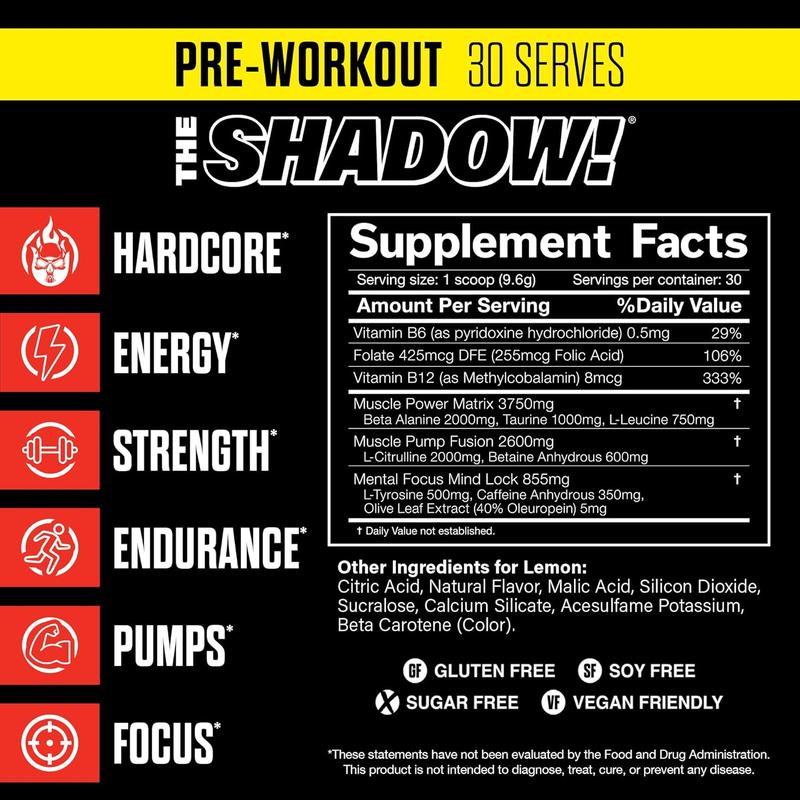 JNX SPORTS The Shadow! High Stim Preworkout | 350mg of Caffeine | Lemon 30 Servings | Electric Energy, Mental Focus & Superhuman Strength for Men & Women