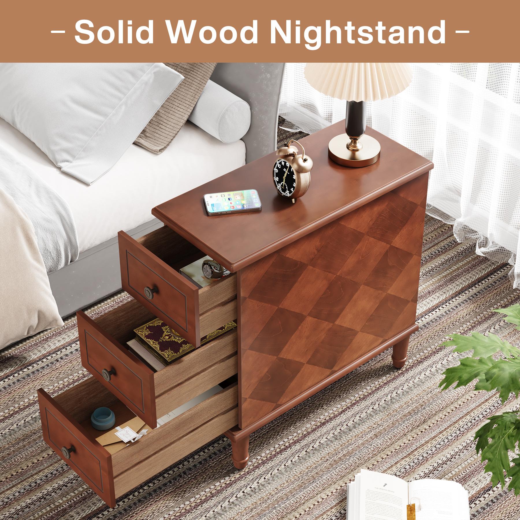 LITTLE TREE Solid Wood End Table, Fully Assembled Narrow Side Table with Drawers, Pre-Assembled Nightstand Slim Bedside Table for Small Spaces, Living Room, Bedroom, Brown