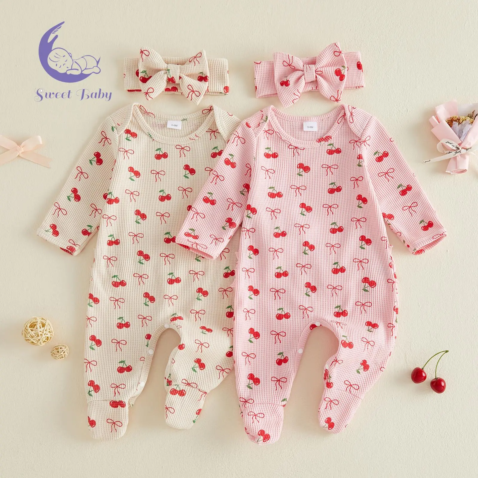 Baby Girls' Waffle Crew Neck Long Sleeve Footie Onesie - Fall Baby Clothing, Cherry Prints Bodysuit Jumpsuit with Bowknot & Headband, Newborn Outfit
