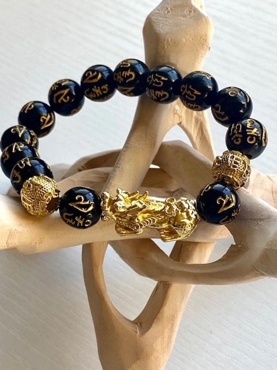 100% Authentic Obsidian feng shui bracelet 24k gold plated wealth bracelet 12mm