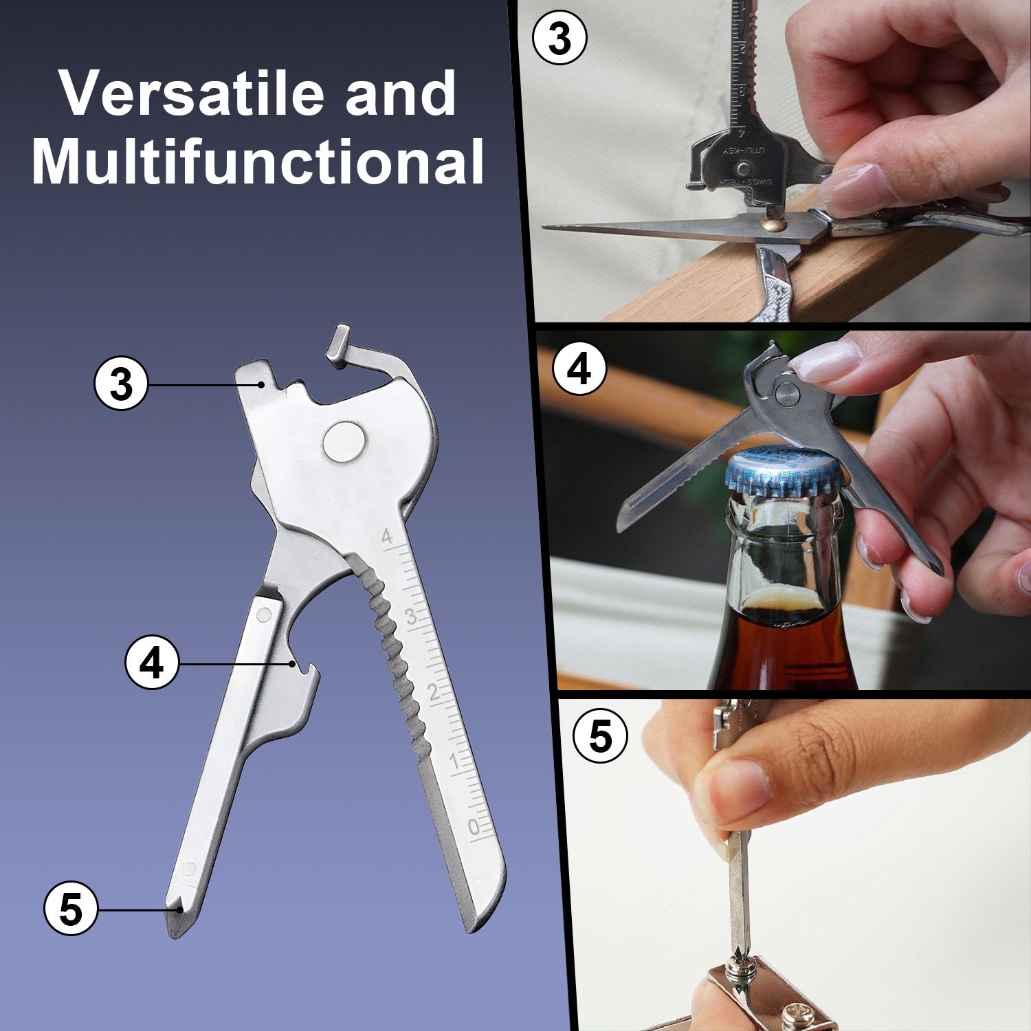 6-in-1 Multi Tool Keychain, Stainless Steel Pocket Key Tool with Flathead/Phillips Screwdriver, Bottle Opener, Mini Ruler, Rope Cutter & Metal Knife, Compact EDC Gear for Camping, Survival, DIY, Daily Use - Cool Gift for Men Dad Husband
