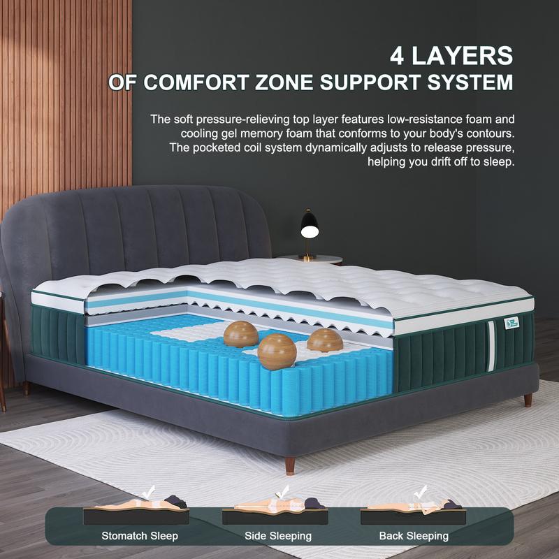 12"14" Gel Memory Foam Hybrid Pocket Spring Twin Full Queen King Mattress In A Box, Euro Top Medium Firm for Back & Lumbar Support, Individual Pocket Spring for Motion Isolation Pressure Relief