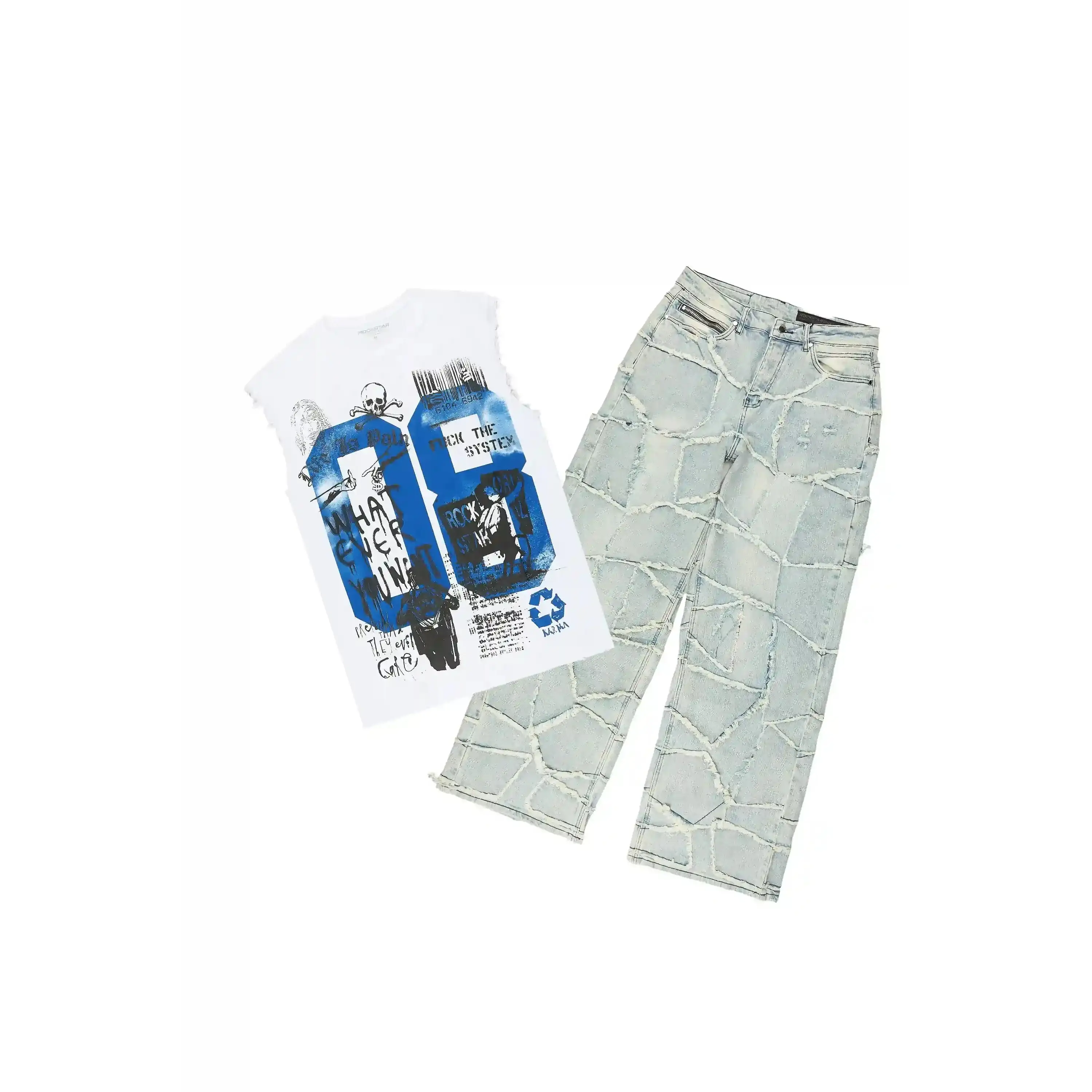 Grill 3.0 White/Blue Oversized Graphic T-Shirt & Jacomus Baggy Fit Jean Set