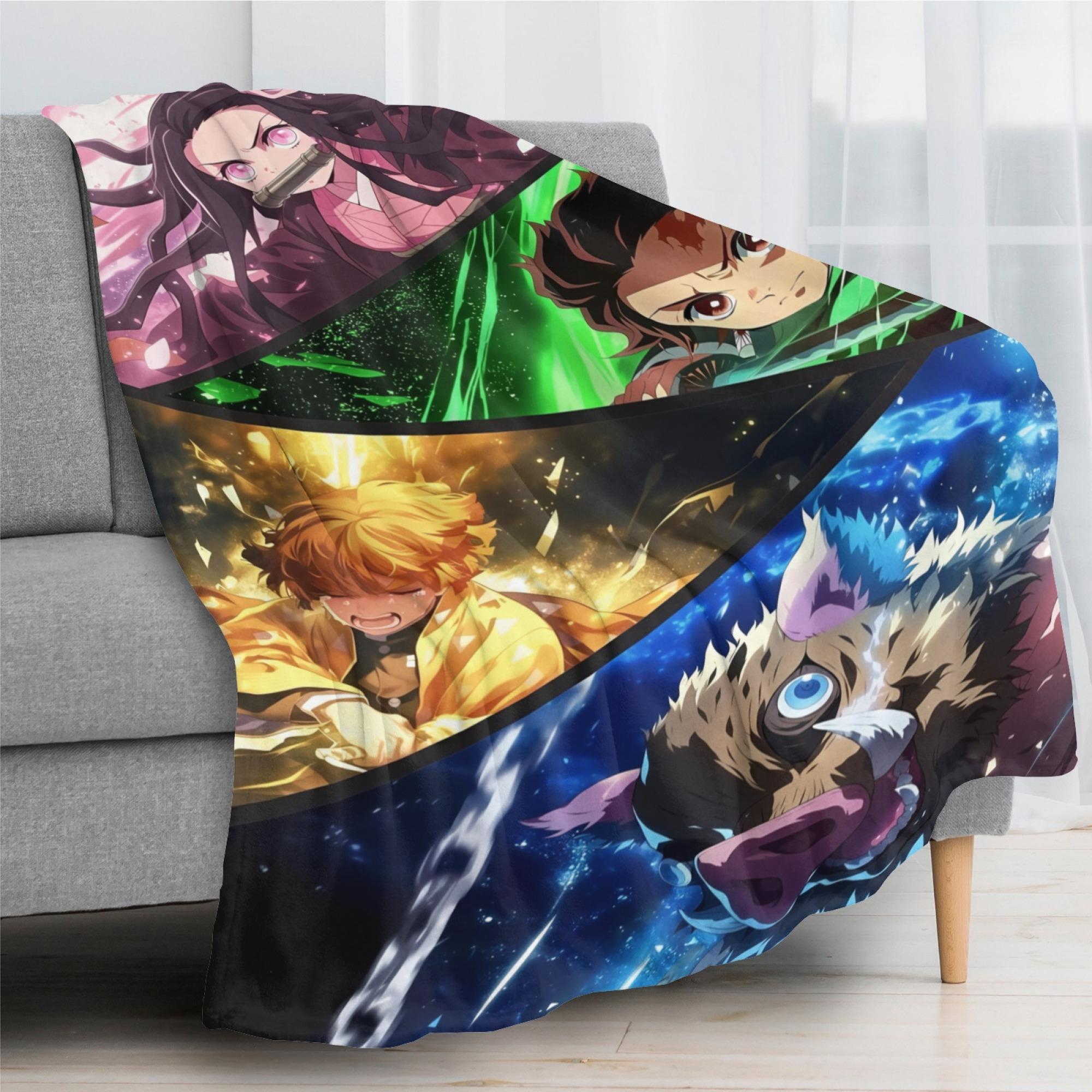 Demon Slayer Anime Flannel Blanket Featuring Nezuko Tanjiro Zenitsu and Inosuke Ultra Soft Cozy Throw for Bedroom Decor Manga Fans Gift Idea for Demon Slayer Enthusiasts