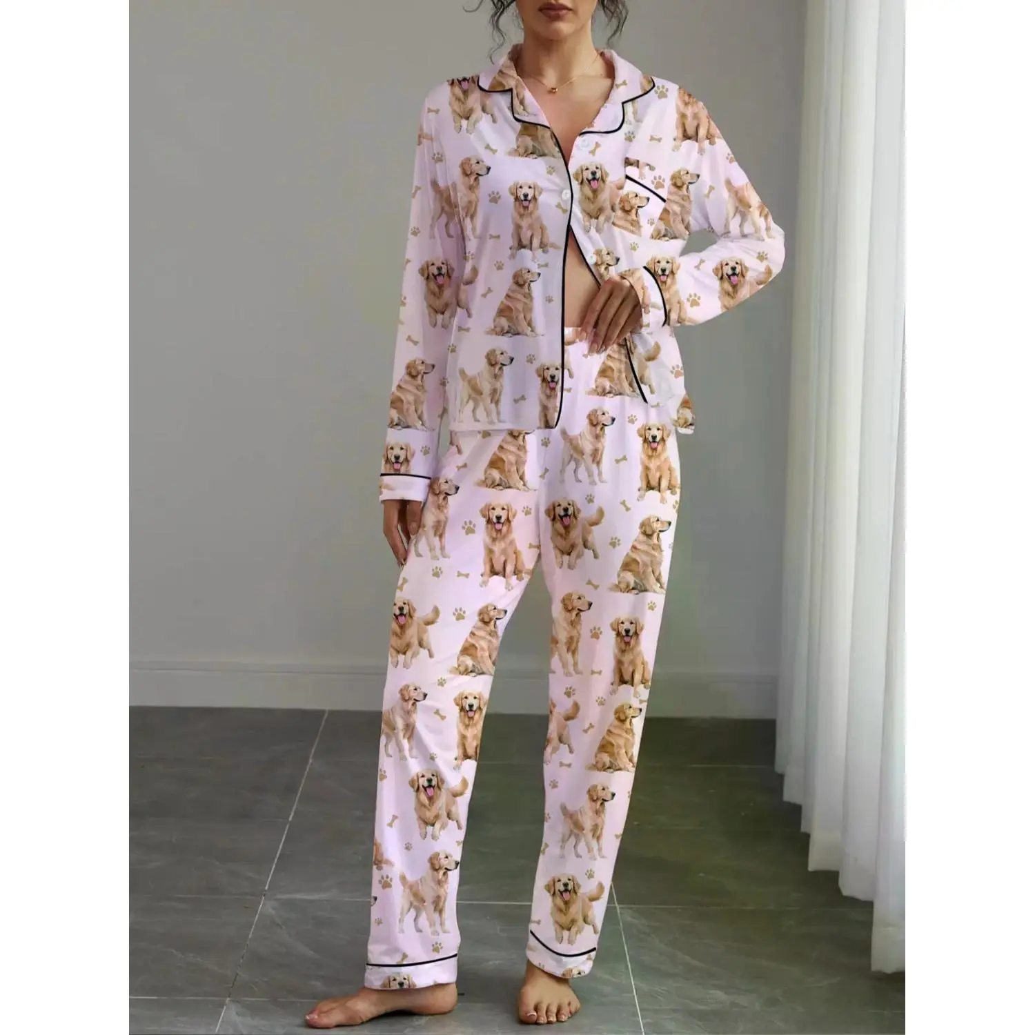 Women's Autumn Winter Fit Pajama Set, Cute Golden Retriever Print Nightwear, Shirt Collar Button Front Long Sleeve Top & Elastic Stretchy Pants Loungewear, Homewear, Pjs, Pyjamas, Casual Sleepwear Loungewear, Pajamas Sets