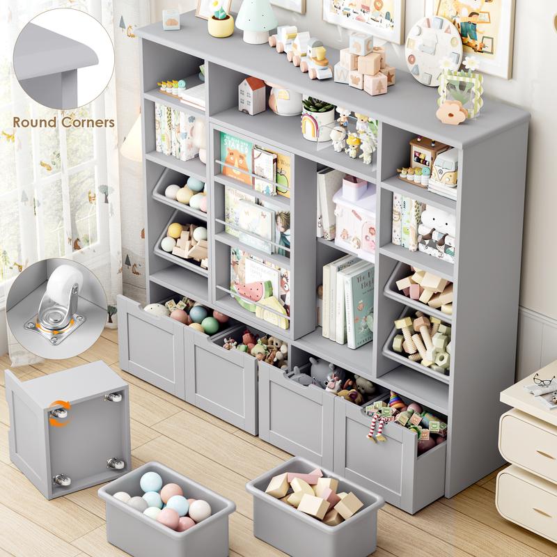 FOTOSOK 55.1" W Toy Storage with Sliding Bookshelf, Large Kids Bookshelf with 4 Movable Drawers and 4 Bins