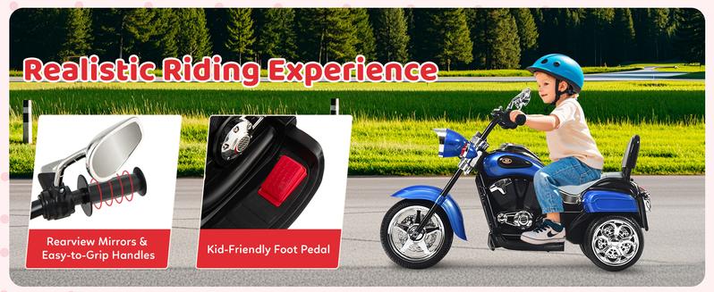 Costway Kids Motorcycle, 6V Battery Powered Ride on Chopper Motorcycle w/Horn, Headlight, 3-Wheel Stable Ride on Toys, Electric Toddler Motorcycle for Kids, Gift for Boys Girls,Christmas Festival Gift Black Friday Cyber Monday