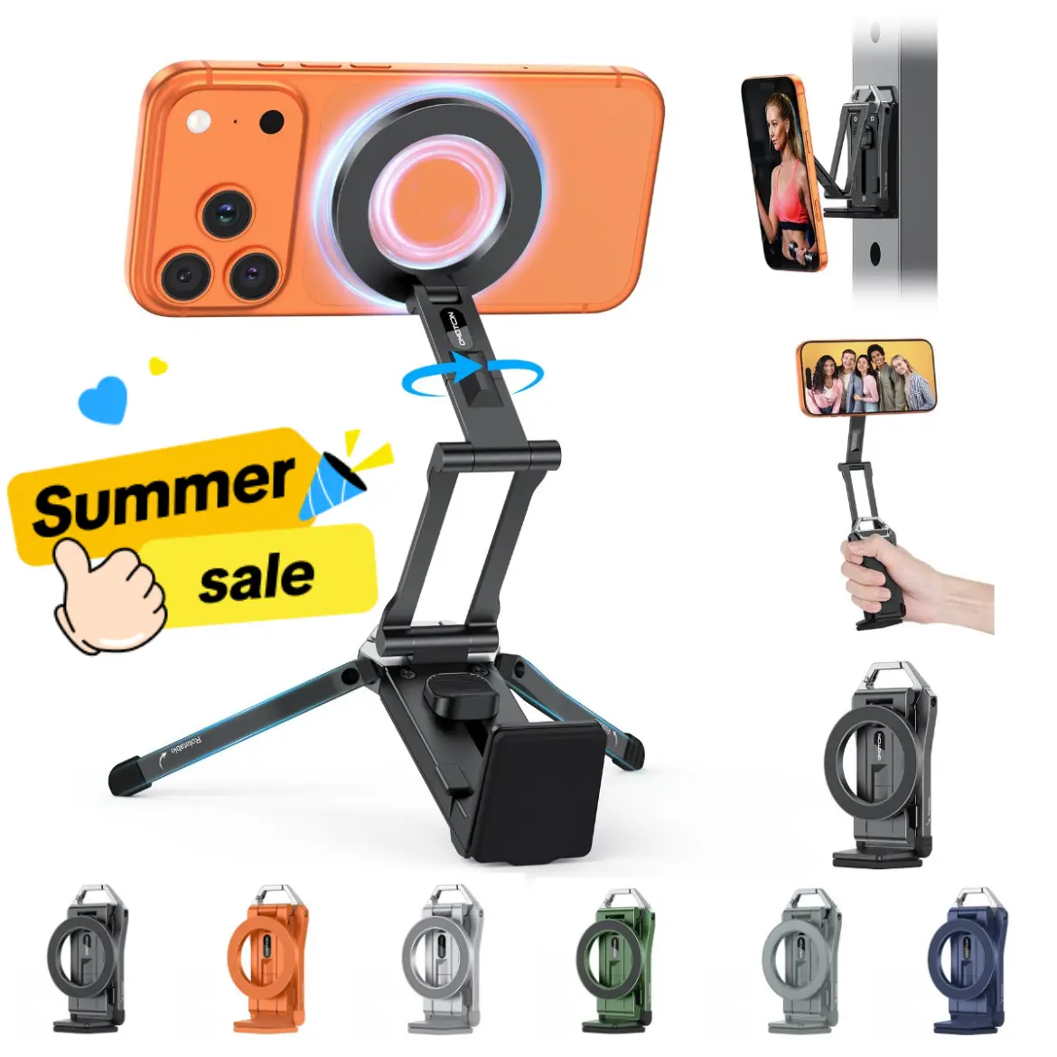 OMOTON TP02 Magnetic Aluminium Phone Mount Tripod Stand - Foldable Desk Phone Accessory with 360° Rotating Shaft, Adjustable Ring Grip, Selfie Stick Clamp, Hook for iPhone, Content Creator Tools,back to school,back to school haul