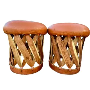 Mexican Ottoman Leather Cushioned Equipal Footstool- Traditional