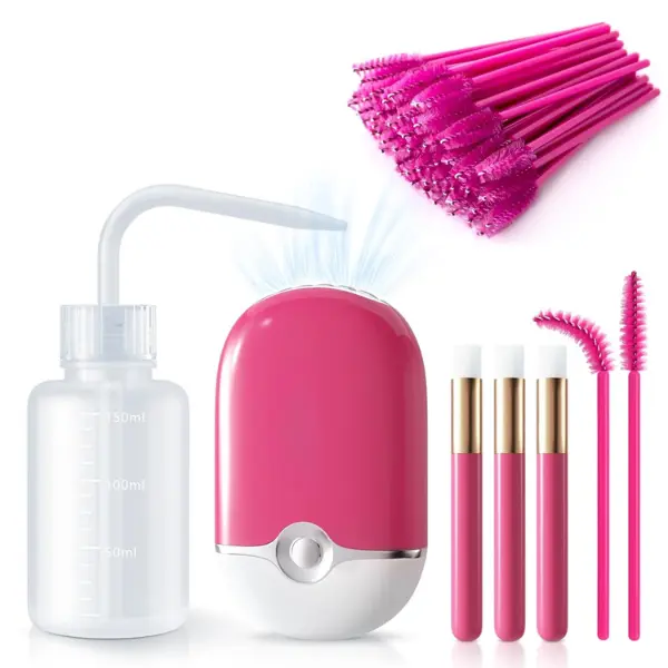 Lash Eyelash Fan Kit for Lash Extension | Mini Portable Fans with 50 Lash Shampoo Brush 3 Nose Blackhead Facial Cleaning Brush 1 Plastic Wash Bottle Rose