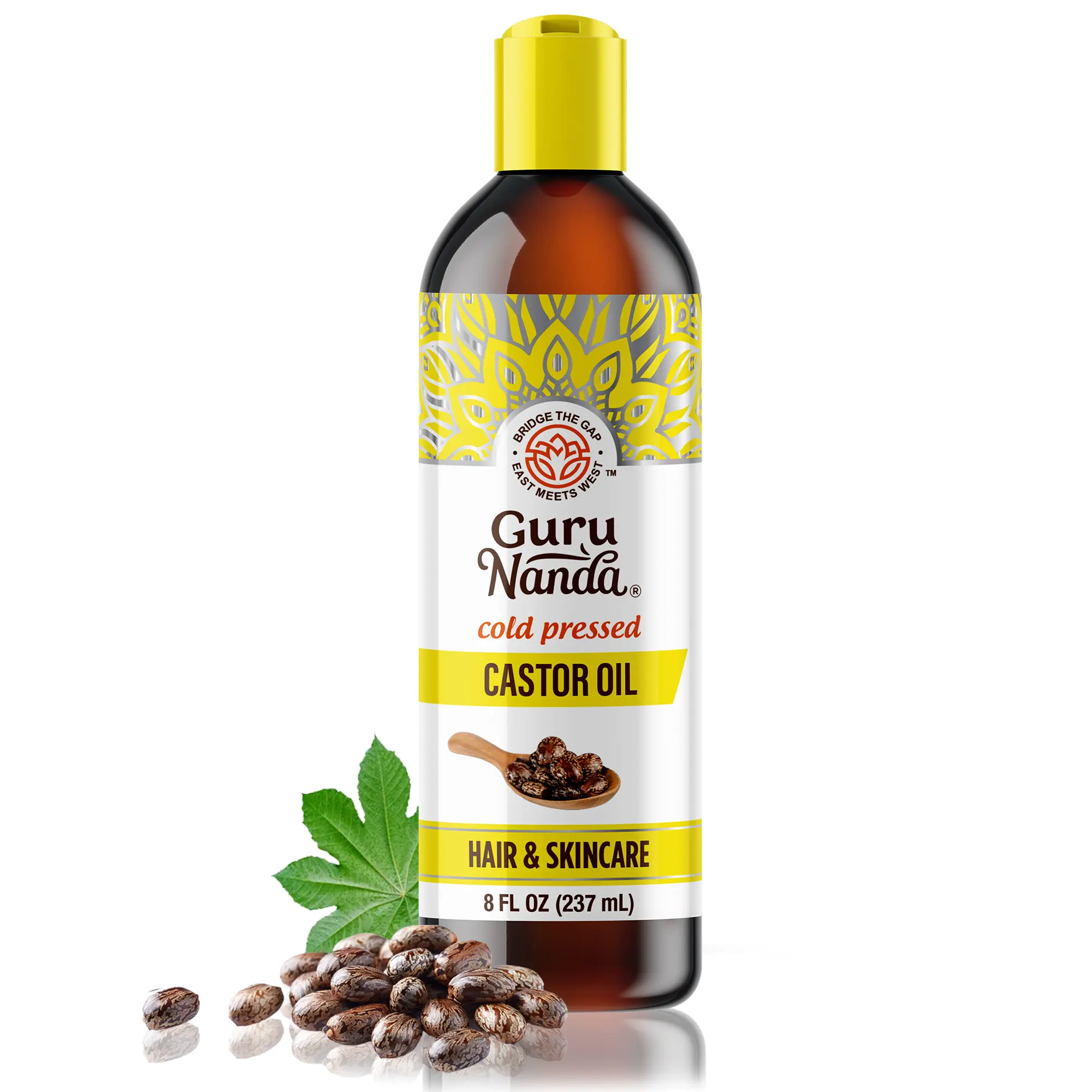GuruNanda Cold Pressed Castor Oil, Pure & Natural, Hexane-Free, Hydrating Carrier Oil for Skin, Hair, Eyebrows & Eyelashes Growth, 8 fl oz