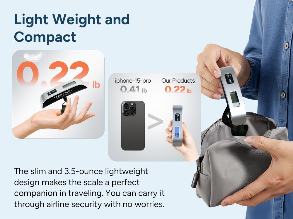 travel inspira Digital Luggage Scale, 110lbs Hanging Baggage Scale, Backlit LCD, Portable Suitcase Weighing Scale with Hook, Battery Included, Accurate Weighing, Strong Straps, Travel Essentials