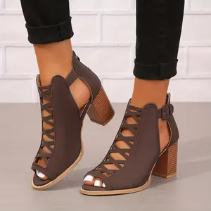2026 Elegant Women Brown Faux Cover Ankle Boots Peep Toe Chunky Heel Crisscross Straps Buckle Closure Comfortable Pumps Rubber Sole High Heel