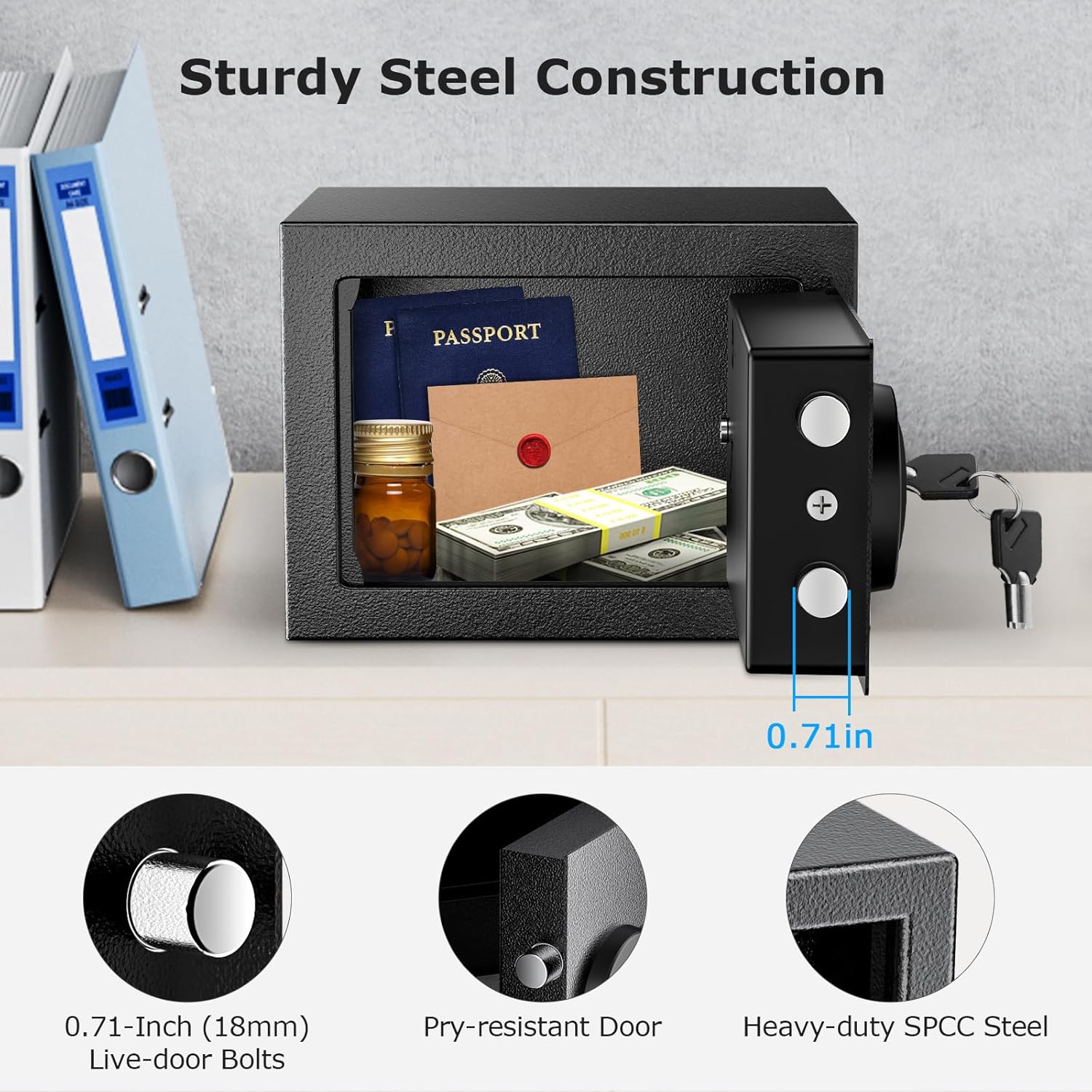 Bonsaii 0.C6ubic Feet Small Safe Box for Money with Electronic Keypad Steel Construction Hidden Safe with Key Mini Safe for Home Office Hotel Durable SPHC Steel