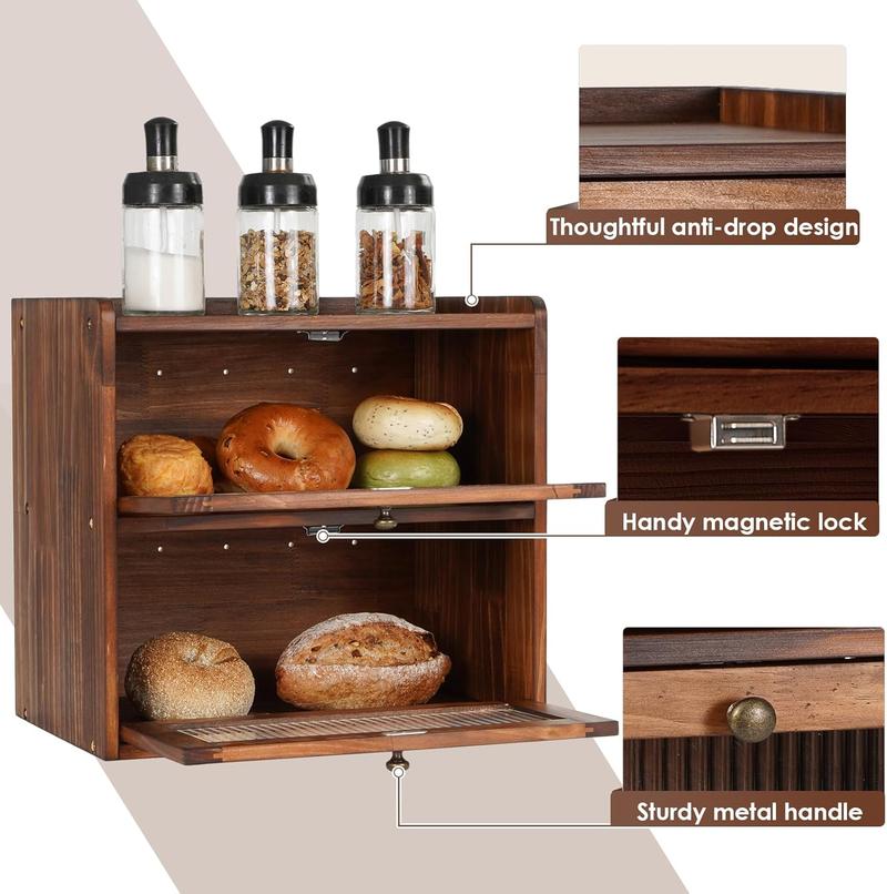 2-Tier Wooden Bread Box for Kitchen Countertop, Large Capacity Bread Storage Container with Clear Acrylic Window & Ventilation Holes, Brown Finish Bread Keeper for Loaves, Pastries & Baked Goods 2-Tier Wooden Bread Box for Kitchen Countertop, Large Capacity Bread Storage Container with Clear Acrylic Window & Ventilation Holes, Brown Finish Bread Keeper for Loaves, Pastries & Baked Goods