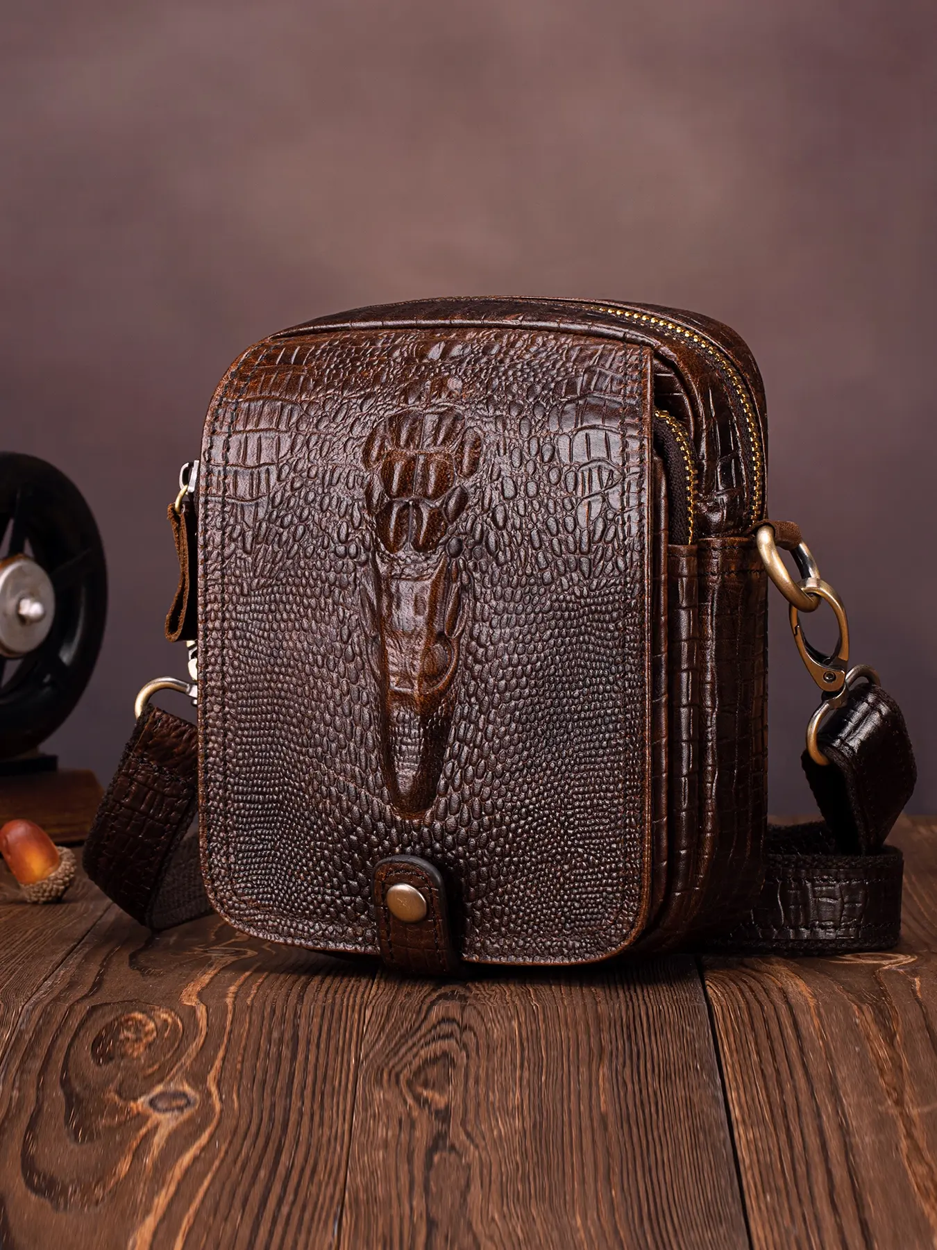 Men's Genuine Leather Crossbody Bag, Crocodile Pattern Shoulder Bag, Fashion Phone Pouch for Daily Commute, Stylish Handbag for Men, Leather Shoulder Bags, Fashionable Leather Bag, Casual Crossbody Bag