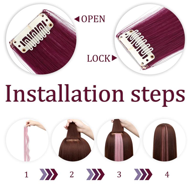 24" Pink Clip-in Hair Extensions - Synthetic Straight Colorful Hairpiece for Party, Cosplay & Kids Gift (12PCS Pack)