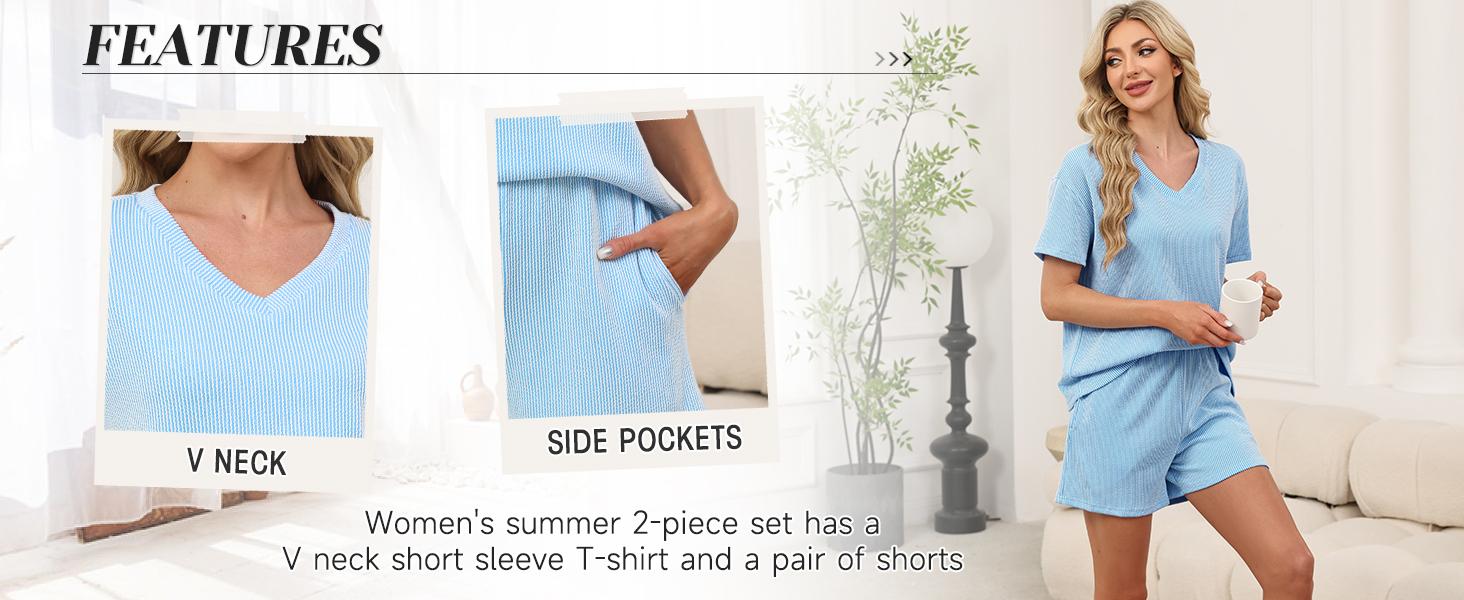 Women’s Ribbed 2 Piece Lounge Set, Short Sleeve Top and Shorts Matching Set for Casual Summer Outfits
