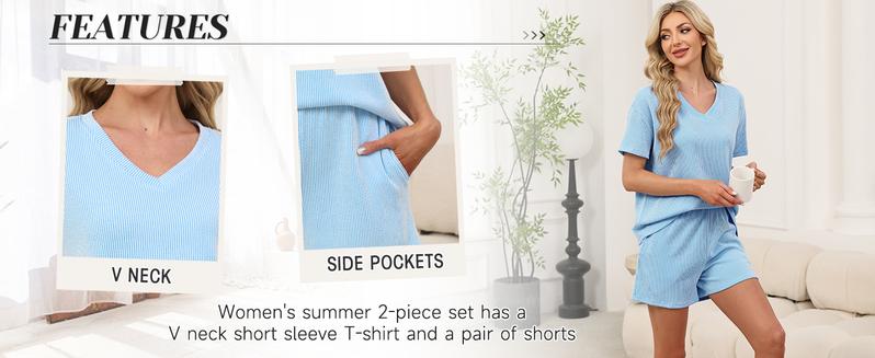 Miduo Women's 2 Piece Sets Ribbed Textured Knit Casual Short Sleeve Shirts Shorts Two Piece Lounge Matching Set for Spring Summer Fall Soft Womenswear
