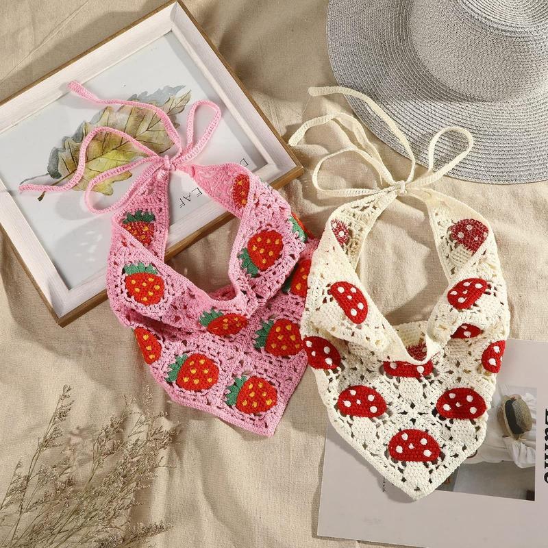 AWAYTR 2Pcs/Set Knitted Bandana Strawberry Mushroom Pattern Head Kerchief Hair Scarf Hair Scarves Crochet headband Tie Back Headwrap