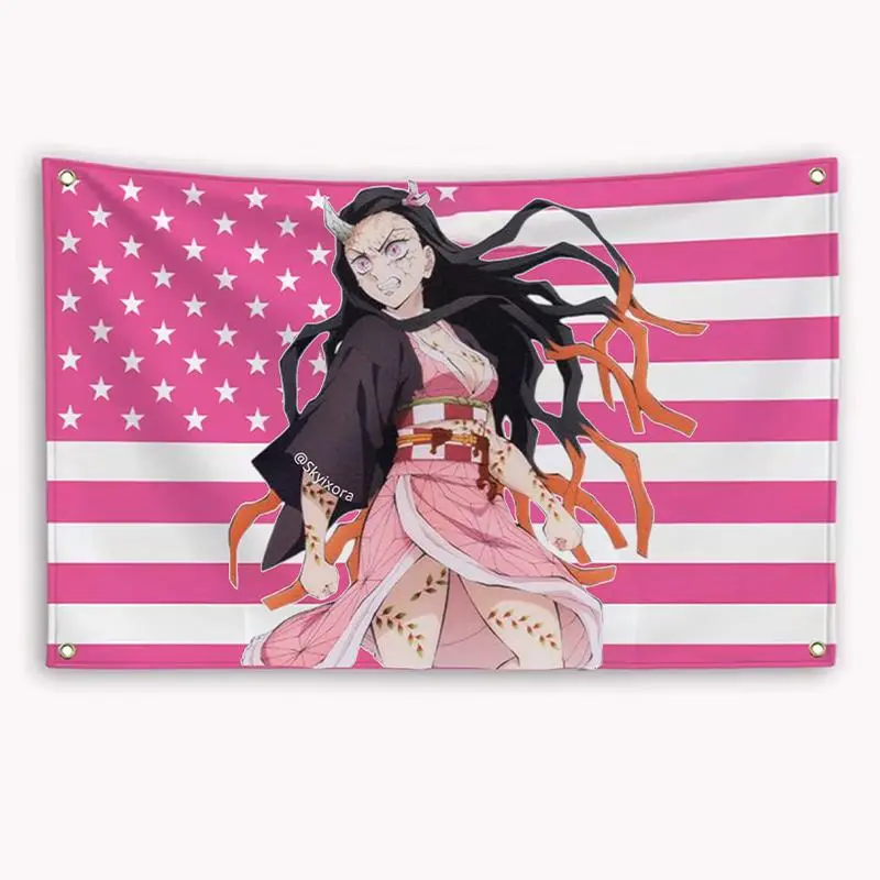Nezuko Kamado American Flag Anime Demon Slayer: Kimetsu No Yaiba Banner Outdoor Decor Decoration Garage Flags Tapestry Flag summerwins
