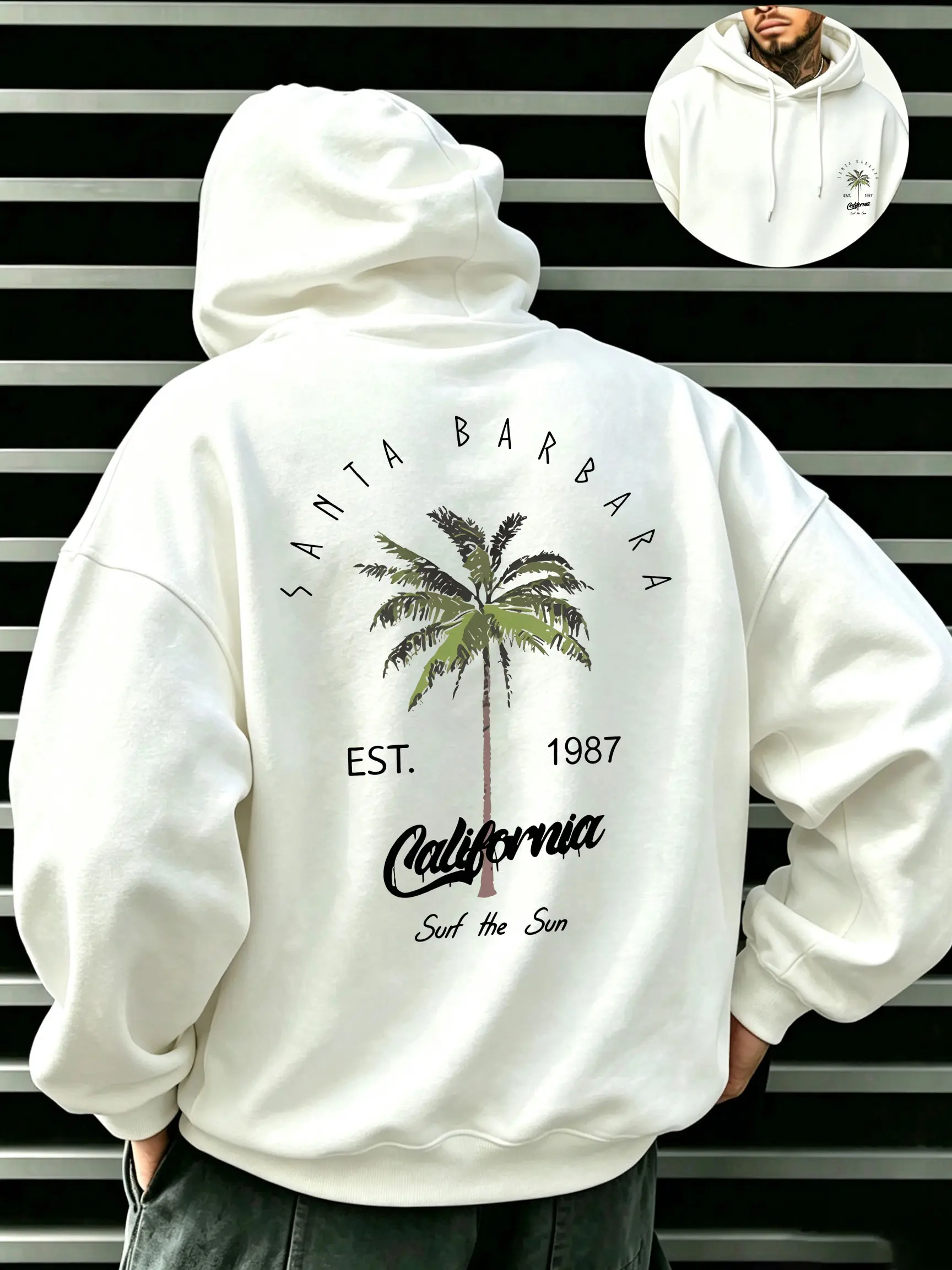 Men's California Santa Barbara Tropical Palm Tree Print Foldable Hooded Sweatshirt - Oversized, Loose, Vintage Surf Style, Classic Long Sleeve, Poly-Cotton Stylish Casual Menswear Tops