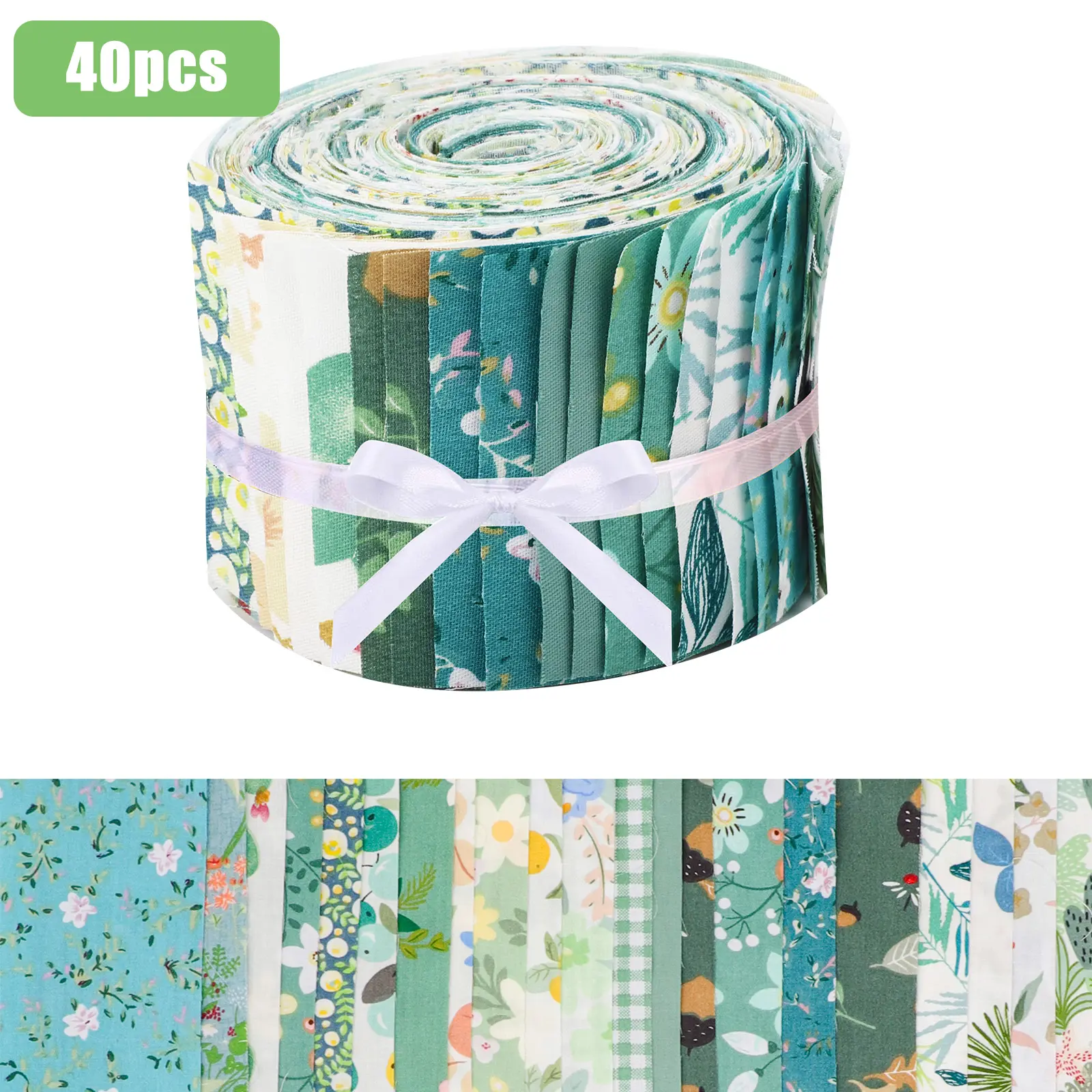 40Pcs DIY Green Floral Cotton Fabric Bundle - 2.5 x 19.8" vintage Cotton Strips,Precut Craft Fabric Bundle,DIY Crafting Material,for Patchwork Sewing,Quilting Sewing Supplies tool