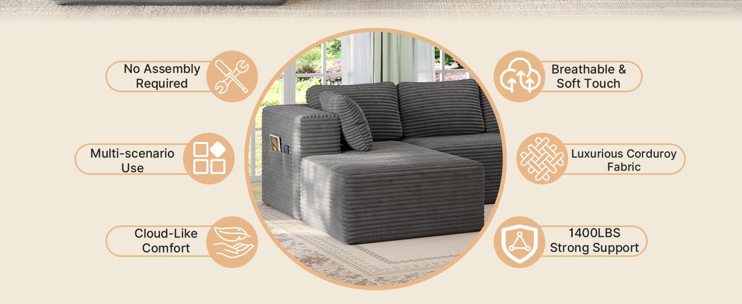 【2 Packages Shipping】Gizoon 105" Cloud Sectional Couch with L-Shape Chaise, Modular Boneless Sofa for Living Room, Upholstered Corduroy Couch with Deep Seat, No Assembly Required (Grey, Left Facing Chaise)
