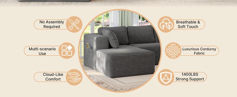 【2 Packages Shipping】Gizoon 105" Cloud Sectional Couch with L-Shape Chaise, Modular Boneless Sofa for Living Room, Upholstered Corduroy Couch with Deep Seat, No Assembly Required (Grey, Left Facing Chaise)
