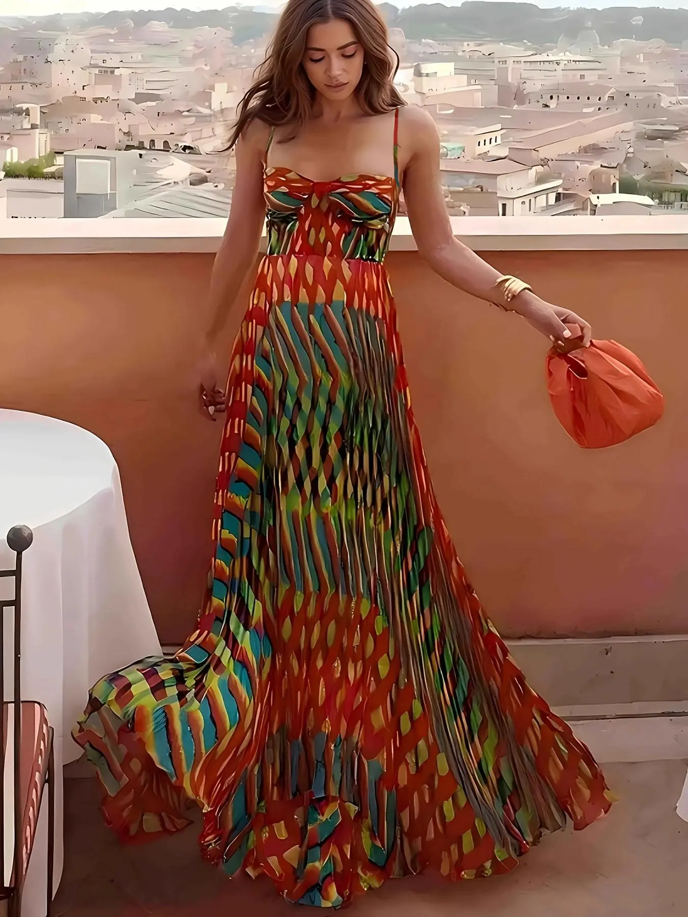 Women's All Over Print  Cami Spaghetti Strap Maxi Dress, Elegant Sleeveless A Line Dress for Party Holiday Wedding Guest, Ladies Summer Clothes, Wedding Guest Dresses