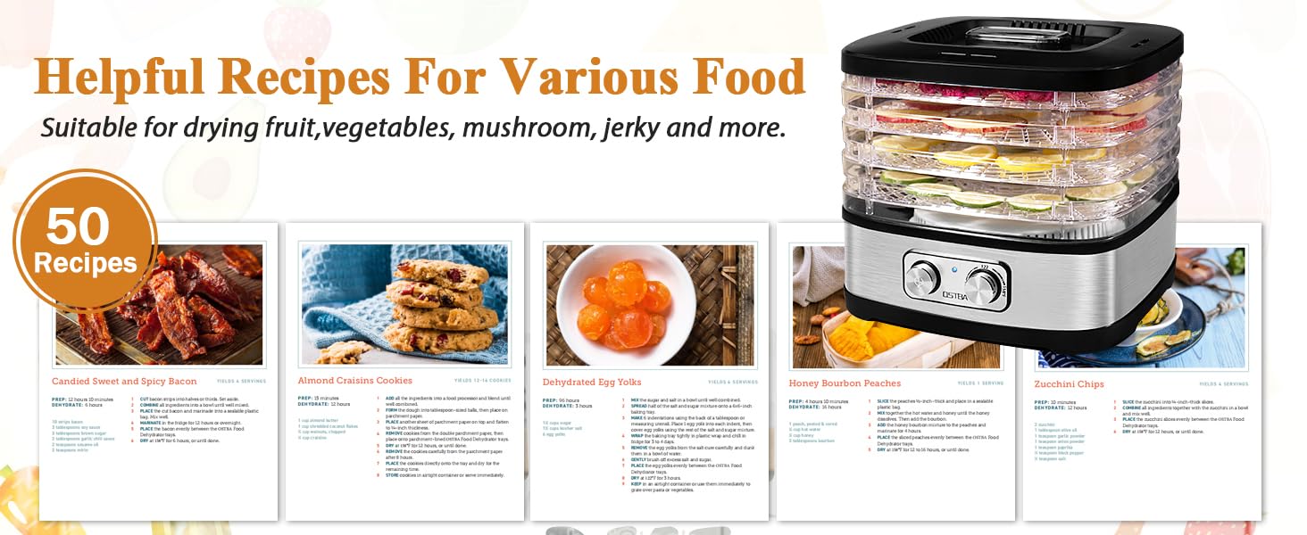 OSTBA Food Dehydrator, Dehydrator meats and Jerky, Fruits, Herbs, Veggies, Temperature Control Electric Food Dryer Machine, 5 BPA-Free Trays Dishwasher Safe, 240W, Recipe Book Included Kitchen Appliances,meats dehydrator