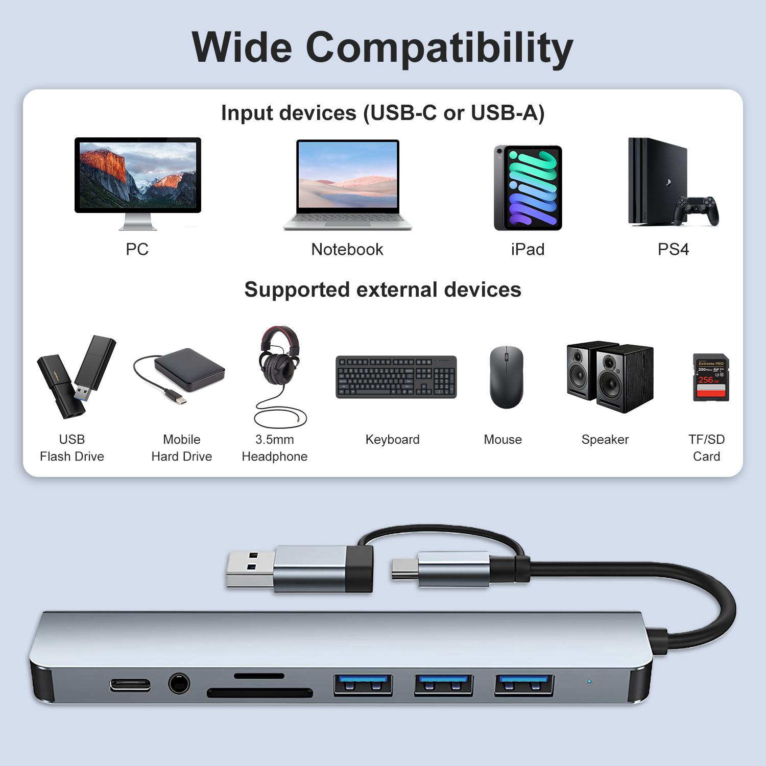 USB C Hub USB Hub 3.0, Aluminum 8 in 1 USB Extender with SD/TF Card Reader, 3.5mm Aux Headphone Jack for MacBook Pro Air and More PC/Laptop/Tablet Devices
