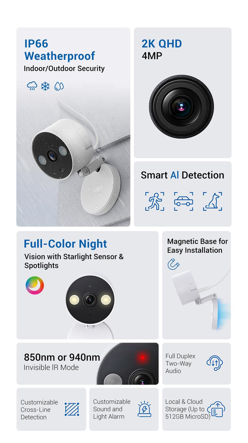 TP-Link & Tapo C120 - 2K QHD Indoor/Outdoor Security Camera with Color Night Vision, Free AI Detection, Baby Monitor, IP66, Dual Spotlights, Local/Cloud Storage