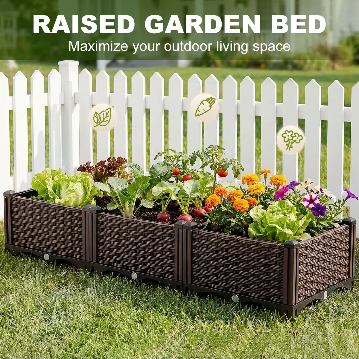 Self-Watering Raised Garden Bed - 118cm x 21.5cm, No Screws Needed, Strengthened PP, Breathable, Heat & Frost Resistant, Elevated Planting Box with Pot Trays, Large Capacity, Outdoor Planters, Patio Planters (Mother's Day Gift)