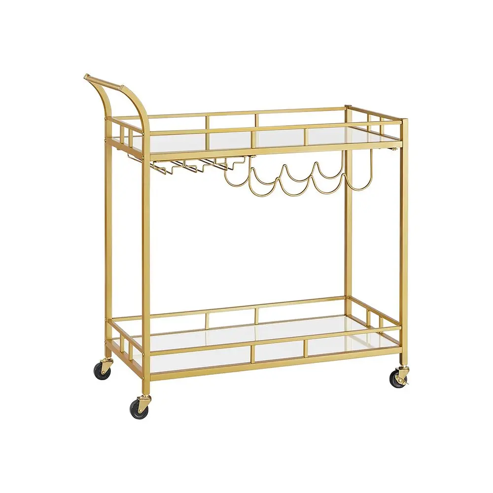 SONGMICS VASAGLE Steel Bar Cart Organiser - 2 Mirrored Shelves, Wine Holders (Wine Stays Flat), Glass Holders, Curved Handle, Locking Wheels, 65lb Capacity, Home Decor for Romantic Dinner, Man Cave Ideas, Kitchen Cupboard Accessory