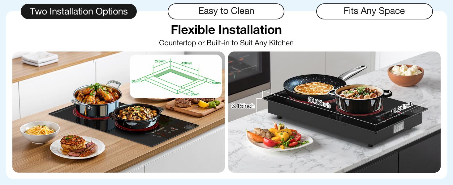 Electric Stove Top 2 Burner, 12inch Electric Cooktop, Built-in Ceramic Cooktop with 9 Power Levels/Timer/Child Safety Lock/Touch Control/Overheat Protection, 220-240V, Hard Wire, No Plug