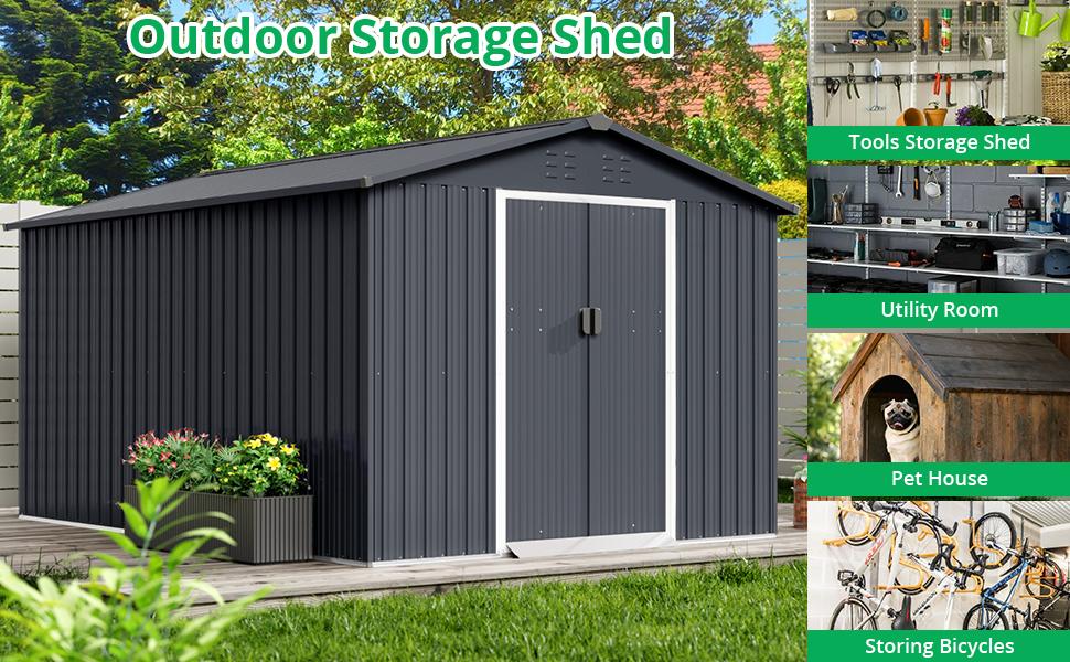 【GARVEE】10' x 8' Metal Storage Shed with Lockable Doors, Durable Steel Utility Tool Storage House for Outdoor Use in Garden, Backyard, Patio, Available in Grey and Brown