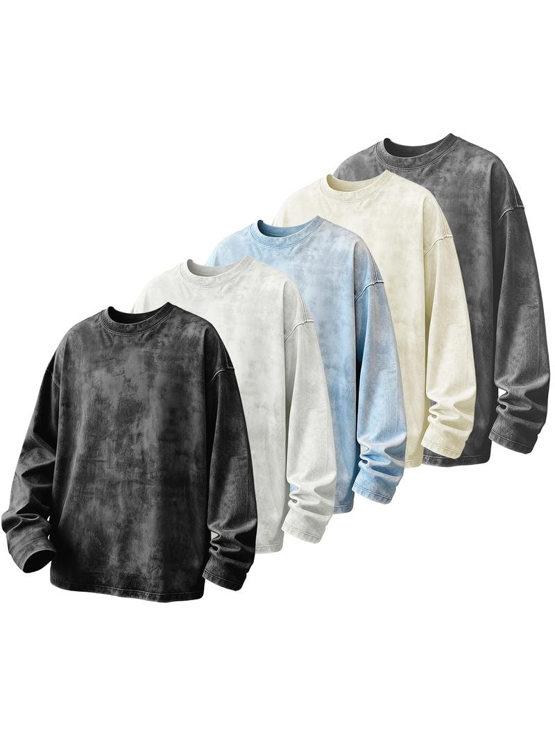 CCCMAI Men's Washed Cotton Round Neck Long Sleeve Tee, Loose Fit Casual Crew Neck T-shirt for Fall Winter, Men's Top for Daily Wear Menswear Soft Top's Streetwear Tshirt Crewneck
