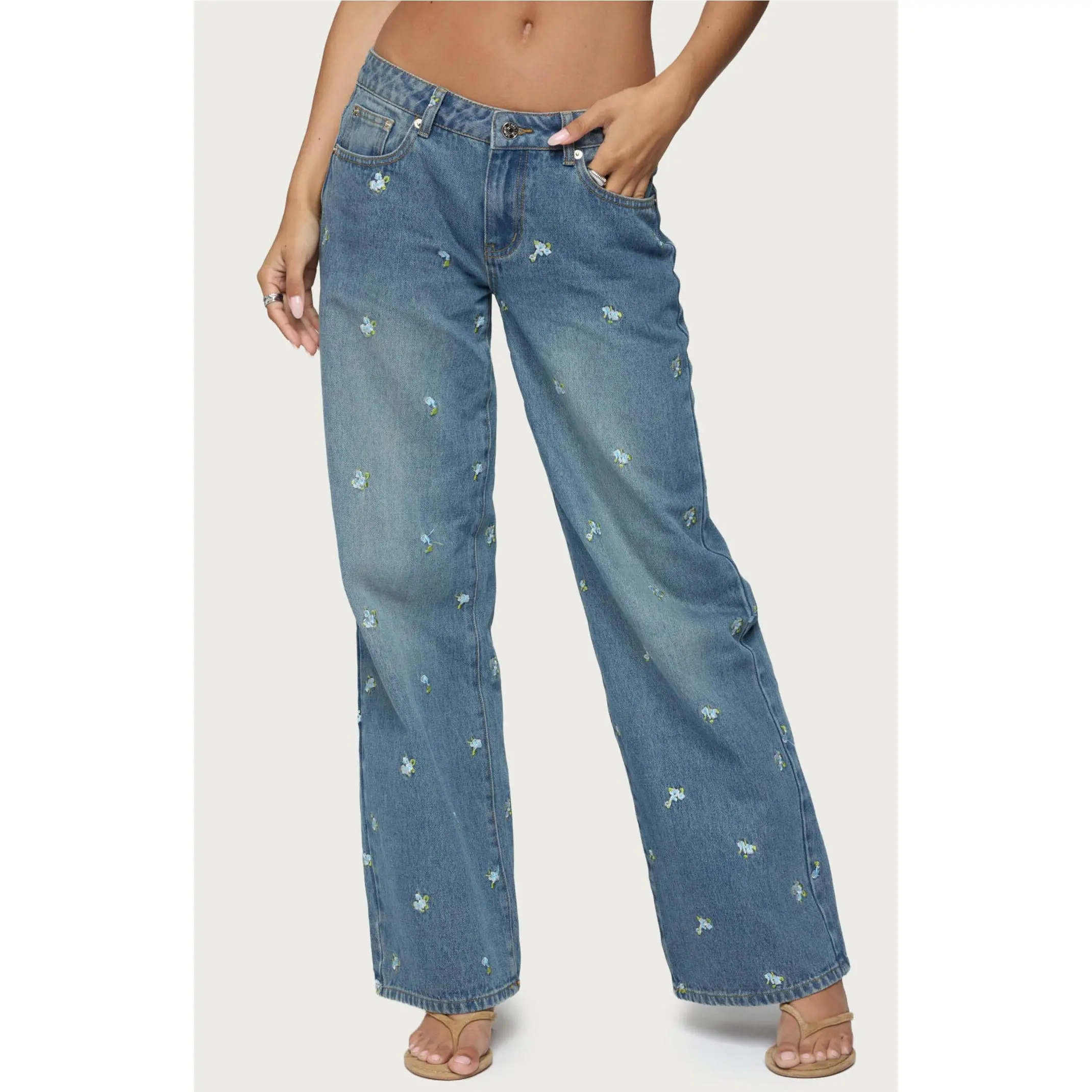 Edikted Women's Edna Floral Embroidered Low Rise Jeans