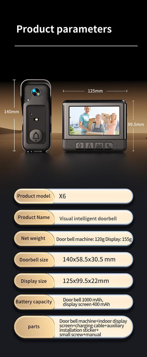 X6 Wireless Doorbell Camera，No WiFi Video Doorbell with Screen , No App, No Monthly Fees,Two-Way Talk, Night Vision，Voice Changing,Rechargeable Smart Visual Doorbell, , Safety Intercom for Privacy, Alarm, Sensor,waterproof,Security Camera Safety Phone
