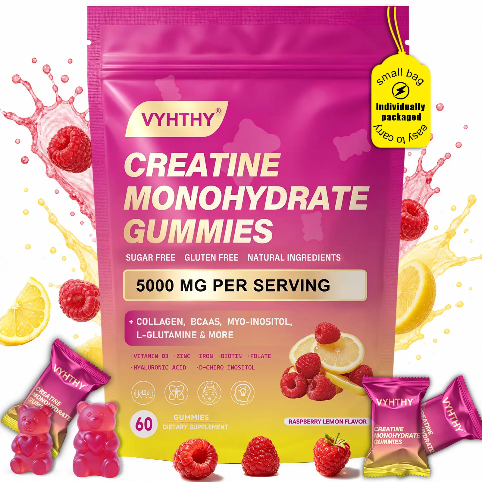 VYHTHY Creatine Monohydrate Gummies with Collagen, BCAAs, Inositol & L-Glutamine – Strength, Endurance & Recovery Support for Men & Women