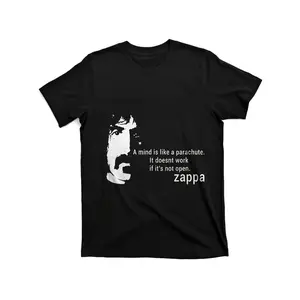 Men's Round Neck Short-Sleeve Cotton T-Shirt, Retro Streetwear Unisex Top Featuring Frank Zappa's "A Mind Like a Parachute" Quote, Casual Black Music-Inspired Tee